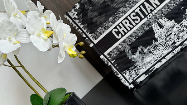 Christian Dior Medium Dior Book Tote  Black and White Paris Embroidery