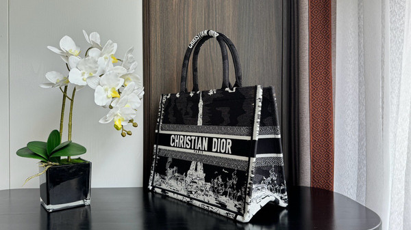 Christian Dior Medium Dior Book Tote  Black and White Paris Embroidery