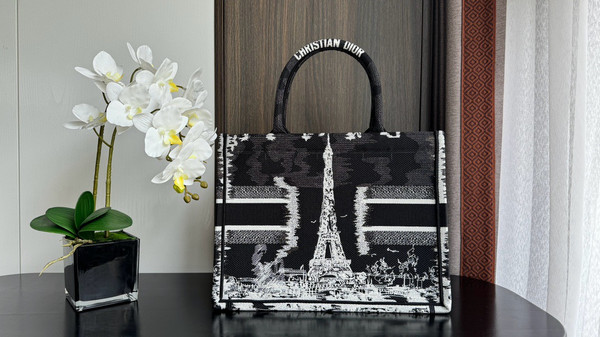 Christian Dior Medium Dior Book Tote  Black and White Paris Embroidery