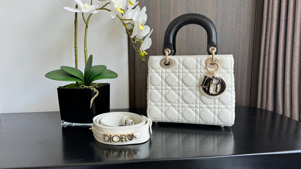 Christian Dior Medium Lady Dior Bag  Two-Tone Black and White Cannage Lambskin