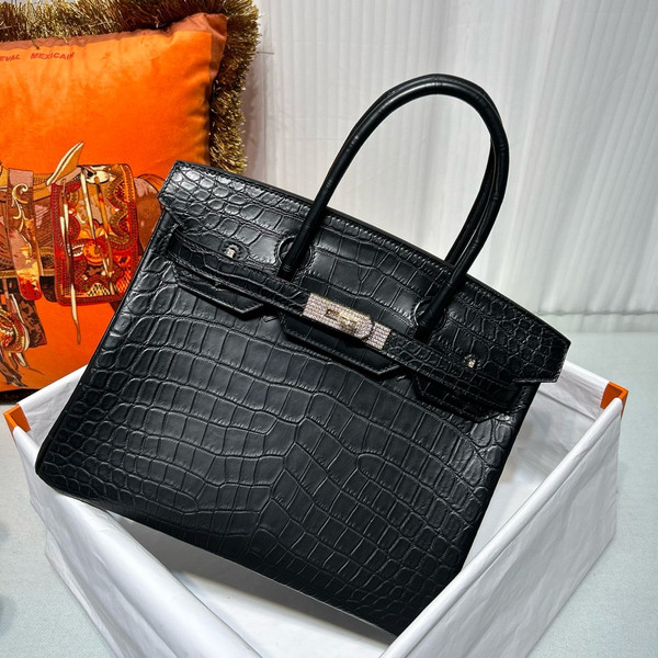HERMES BLACK POROSUS CROCODILE DIAMOND BIRKIN 25 WITH 18K WHITE GOLD & DIAMOND HARDWARE