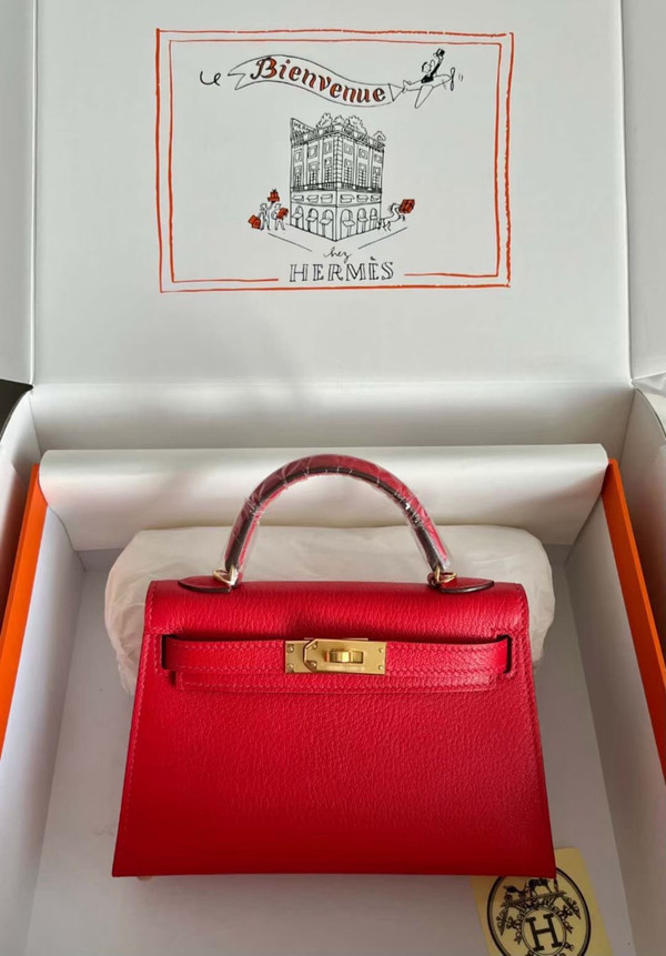 Hermès Red Mini Kelly II Chevre  Mysore Leather Gold  hardware