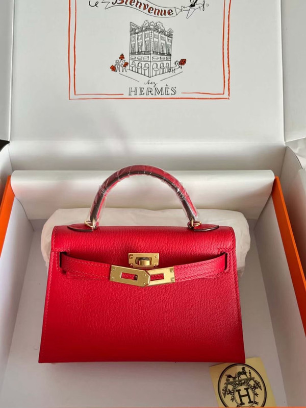 Hermès Red Mini Kelly II Chevre  Mysore Leather Gold  hardware