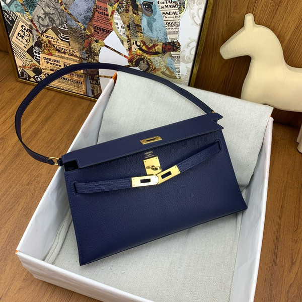 Hermes Kelly Elan bag Sellier Blue Obysee Chevre goatsk in Gold hardware