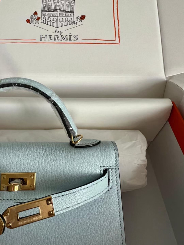 Hermès Bleu Pale Mini Kelly II Chevre  Mysore Leather Gold  hardware