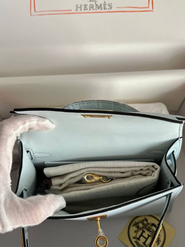 Hermès Bleu Pale Mini Kelly II Chevre  Mysore Leather Gold  hardware