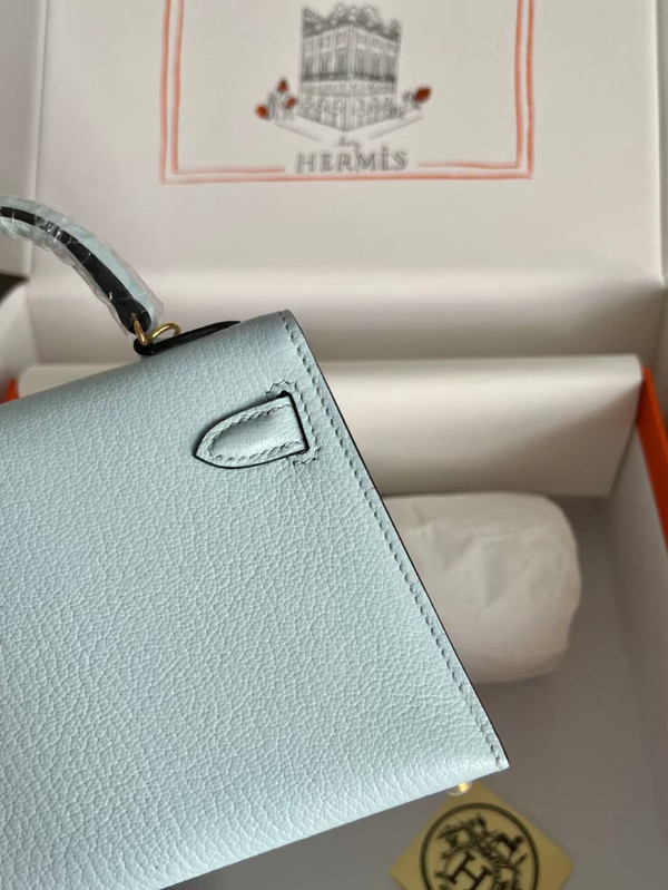 Hermès Bleu Pale Mini Kelly II Chevre  Mysore Leather Gold  hardware