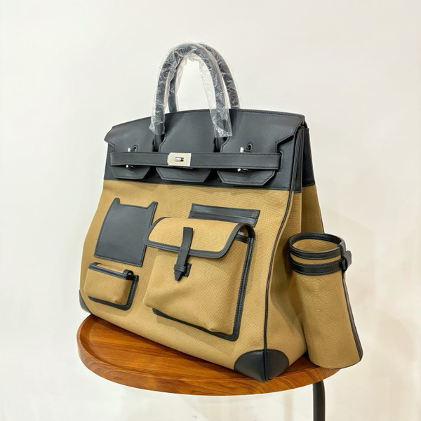 HERMÈS CARGO HAC BIRKIN 40 BLACK BOX AND OLIVE TOILE PALLADIUM HARDWARE
