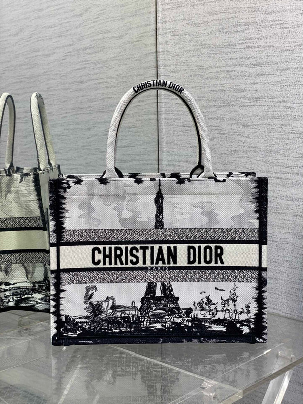 Christian Dior Medium Dior Book Tote White and Black Paris Embroidery