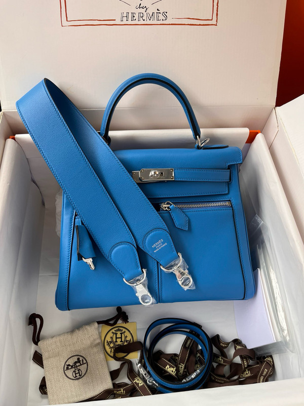 Hermes LIMITED EDITION  Bleu Electrique SWIFT LEATHER LAKIS KELLY 28 WITH GOLD HARDWARE