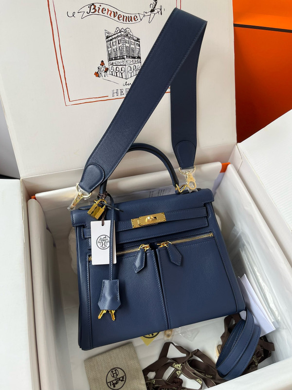 Hermes LIMITED EDITION Blue Sapphire SWIFT LEATHER LAKIS KELLY 28 WITH GOLD HARDWARE