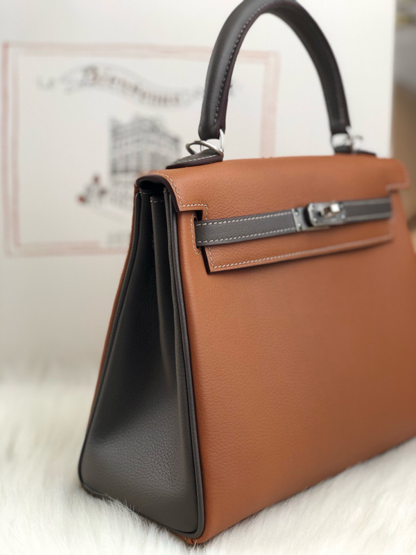 HERMÈS HSS Special Order Kelly 25 handbag in Gold and Etan Evercolor leather with Brushed Palladium hardware