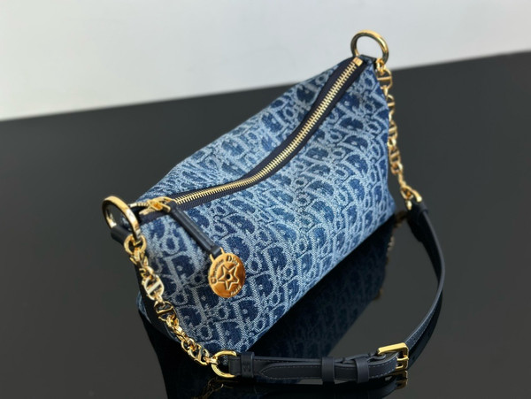 Christian Dior Diorstar Hobo Bag with Chain  Blue Denim Dior Oblique Jacquard