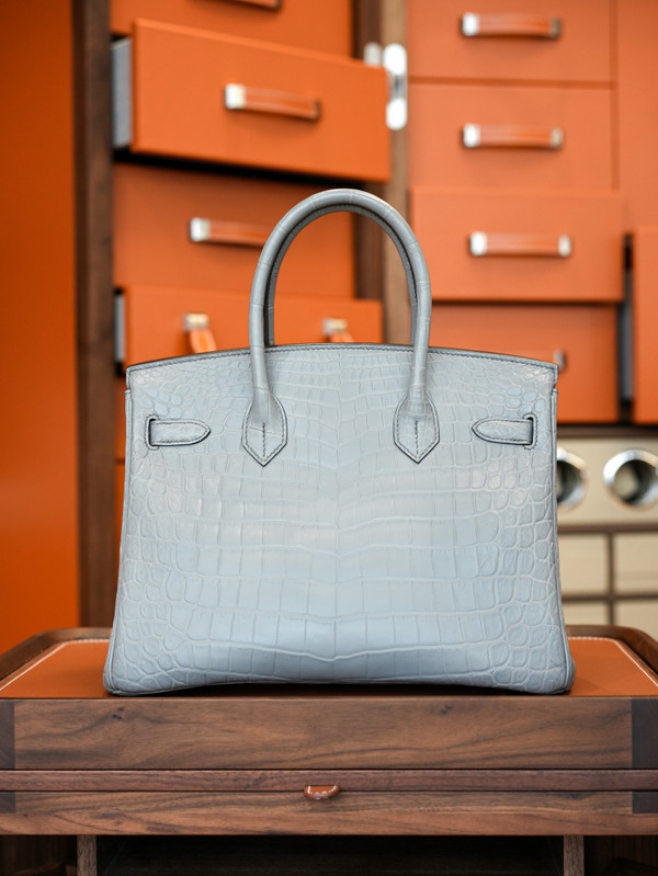 HERMES BIRKIN 30 BAG MATT PEARL GRAY ALLIGATOR GOLD HARDWARE