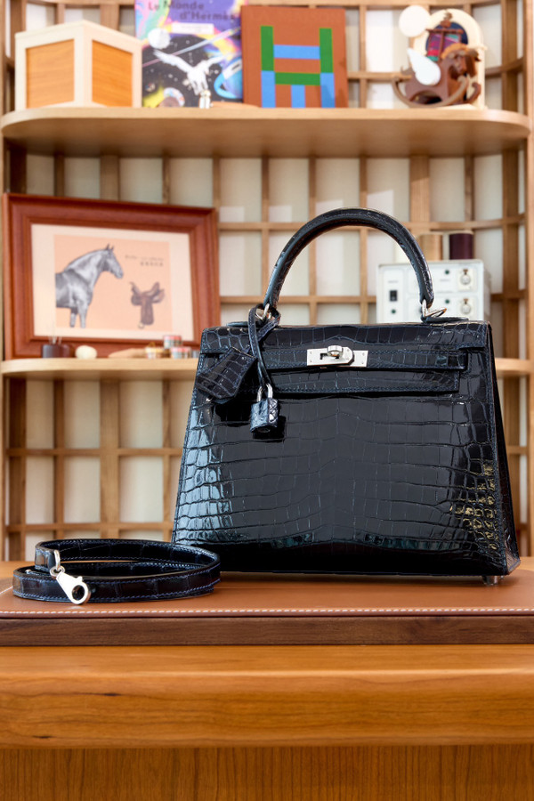 Hermes GLOSSY BLUE TEMPETE NILOTICUS CROCODILE KELLY 25 WITH PALLADIUM HARDWARE