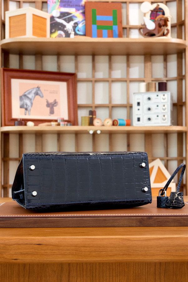 Hermes GLOSSY BLUE TEMPETE NILOTICUS CROCODILE KELLY 25 WITH PALLADIUM HARDWARE