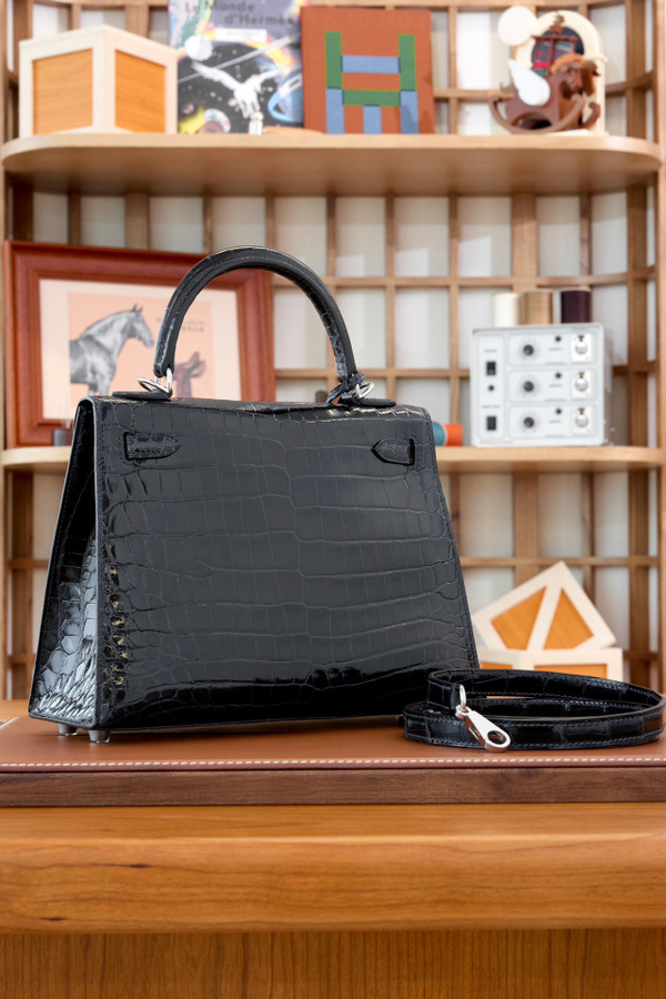 Hermes GLOSSY BLUE TEMPETE NILOTICUS CROCODILE KELLY 25 WITH PALLADIUM HARDWARE