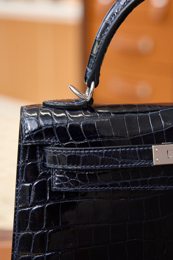 Hermes GLOSSY BLUE TEMPETE NILOTICUS CROCODILE KELLY 25 WITH PALLADIUM HARDWARE
