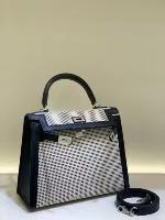 HERMÈS KELLY 25 SELLIER QUADRILLE BLACK SWIFT AND CANVAS PALLADIUM HARDWARE