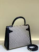 HERMÈS KELLY 25 SELLIER QUADRILLE BLACK SWIFT AND CANVAS PALLADIUM HARDWARE
