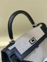 HERMÈS KELLY 25 SELLIER QUADRILLE BLACK SWIFT AND CANVAS PALLADIUM HARDWARE