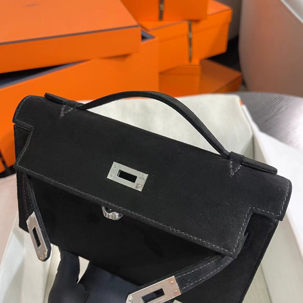 Hermès Kelly Pochette Black Doblis Suede Bag
