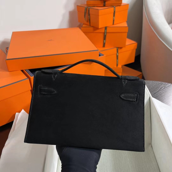 Hermès Kelly Pochette Black Doblis Suede Bag