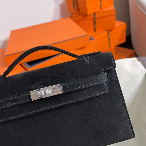 Hermès Kelly Pochette Black Doblis Suede Bag