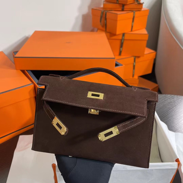 Hermès Kelly Pochette Chocolate Doblis Suede Bag