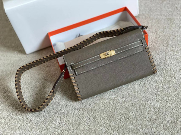 Hermes Etoupe Kelly To Go Tressage wallet With Gold Hardware
