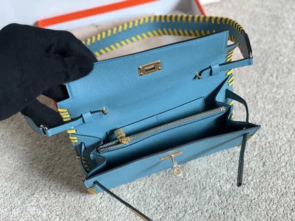 Hermes Blue Jean Kelly To Go Tressage wallet With Gold Hardware