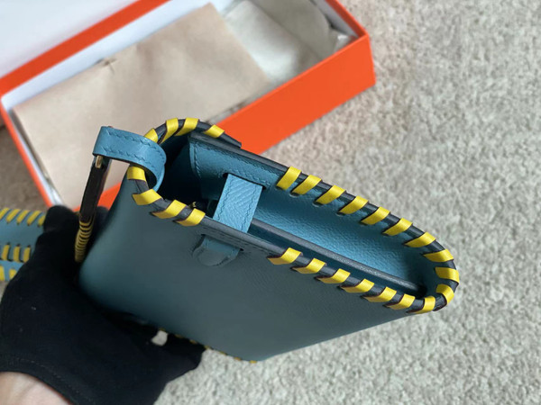Hermes Blue Jean Kelly To Go Tressage wallet With Gold Hardware