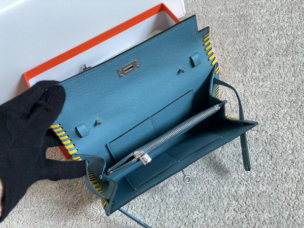 Hermes Blue Jean Kelly To Go Tressage wallet With Palladium Hardware