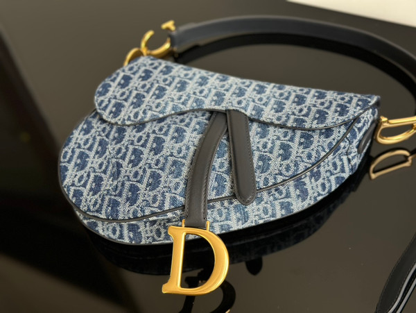 Christian Dior Saddle Bag with Strap  Blue Denim Dior Oblique Jacquard