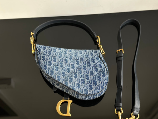 Christian Dior Saddle Bag with Strap  Blue Denim Dior Oblique Jacquard