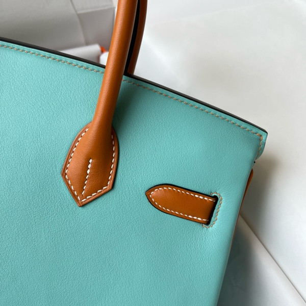 Hermès Blue Atoll/Toffee Birkin 30 cm Swift Leather Palladium Hardware