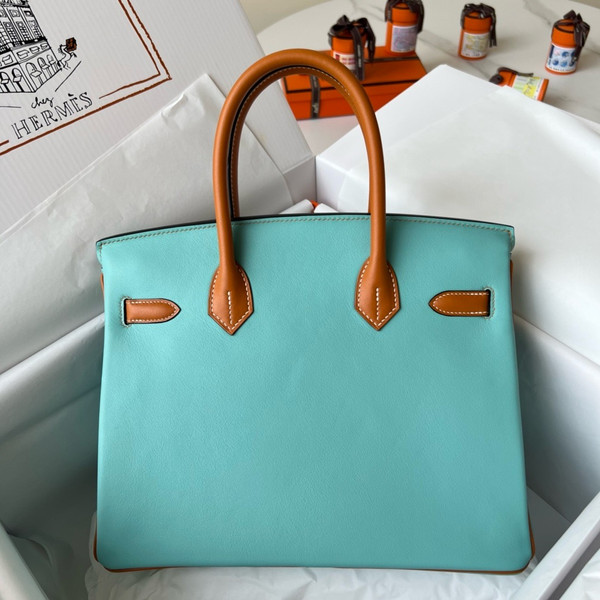 Hermès Blue Atoll/Toffee Birkin 30 cm Swift Leather Palladium Hardware