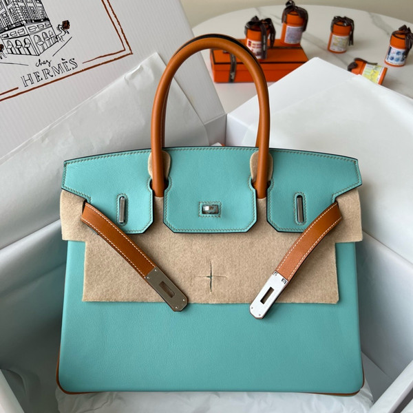 Hermès Blue Atoll/Toffee Birkin 30 cm Swift Leather Palladium Hardware