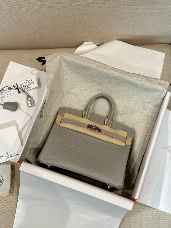 HERMES Gris Perle Birkin 25 Matt Alligator Crocodile Skin Palladium Hardware