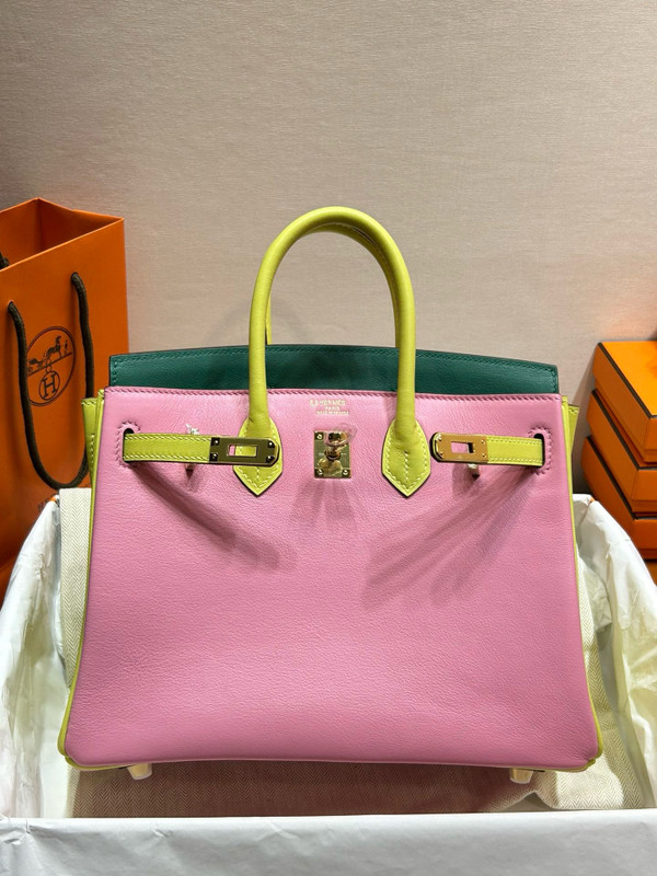 Hermes Special Order Tri Colour Rose Sakura/Jaune Poussin/Vert Vertigo  Birkin 25 in Swift with Gold hardware