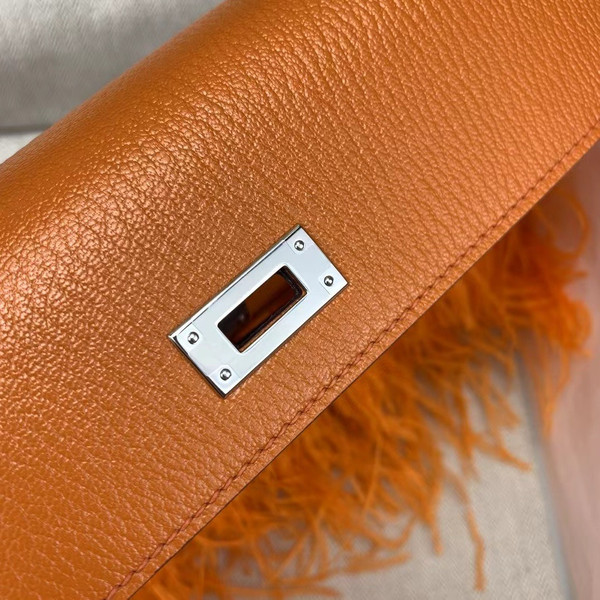 Hermes Kelly Elan Shoulder Strap Bag with Ostrich Feathers Orange