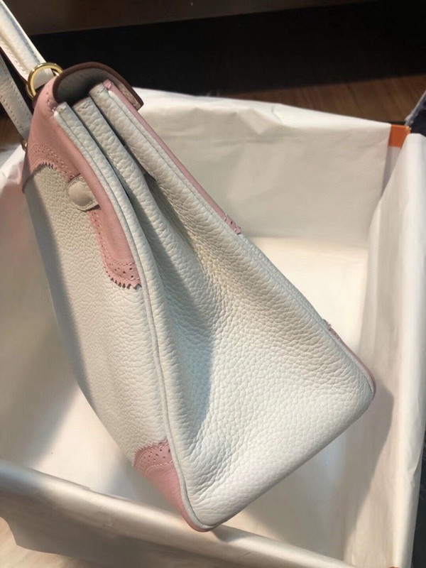 Hermes Special Order Craie/ Pink Kelly 28 Lace Bag Togo and Swift Leather