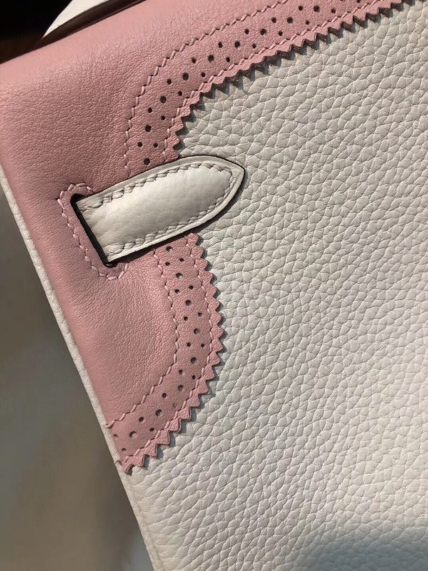 Hermes Special Order Craie/ Pink Kelly 28 Lace Bag Togo and Swift Leather