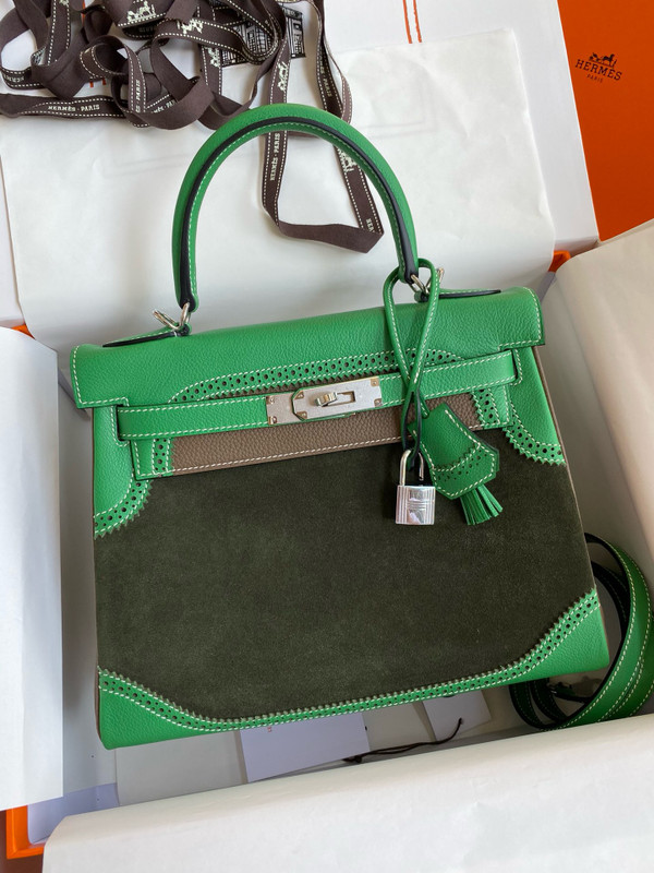 Hermes Special Order Bamboo/Etoupe/Olive Kelly 28 Lace Bag Everolour/Togo/Suede and Swift Leather