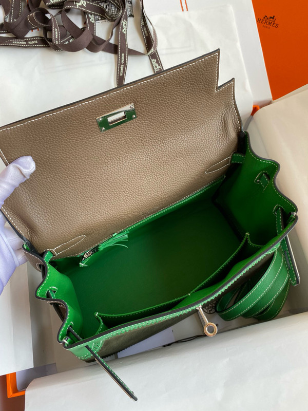 Hermes Special Order Bamboo/Etoupe/Olive Kelly 28 Lace Bag Everolour/Togo/Suede and Swift Leather