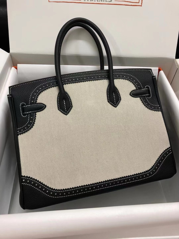Hermes Birkin Ghillies 40 cm handbag in Black Togo Leather and Beige canvas