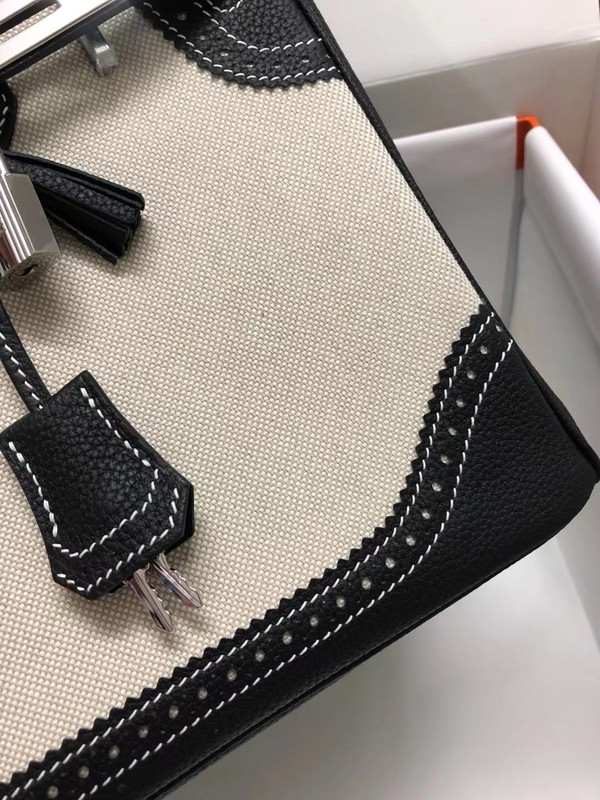 Hermes Birkin Ghillies 40 cm handbag in Black Togo Leather and Beige canvas