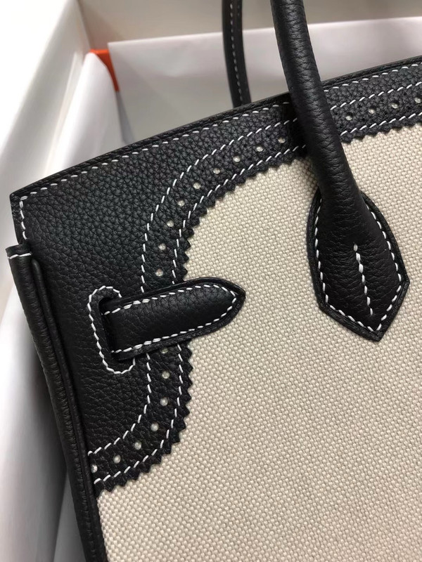 Hermes Birkin Ghillies 40 cm handbag in Black Togo Leather and Beige canvas