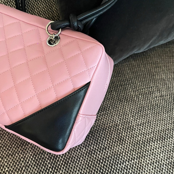 Vintage Chanel Cambon Bowler Bag Pink and Black Calfskin Silver Hardware