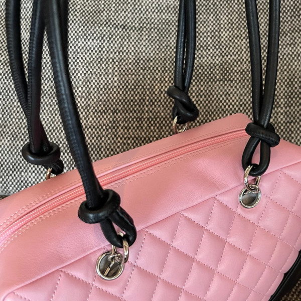 Vintage Chanel Cambon Bowler Bag Pink and Black Calfskin Silver Hardware